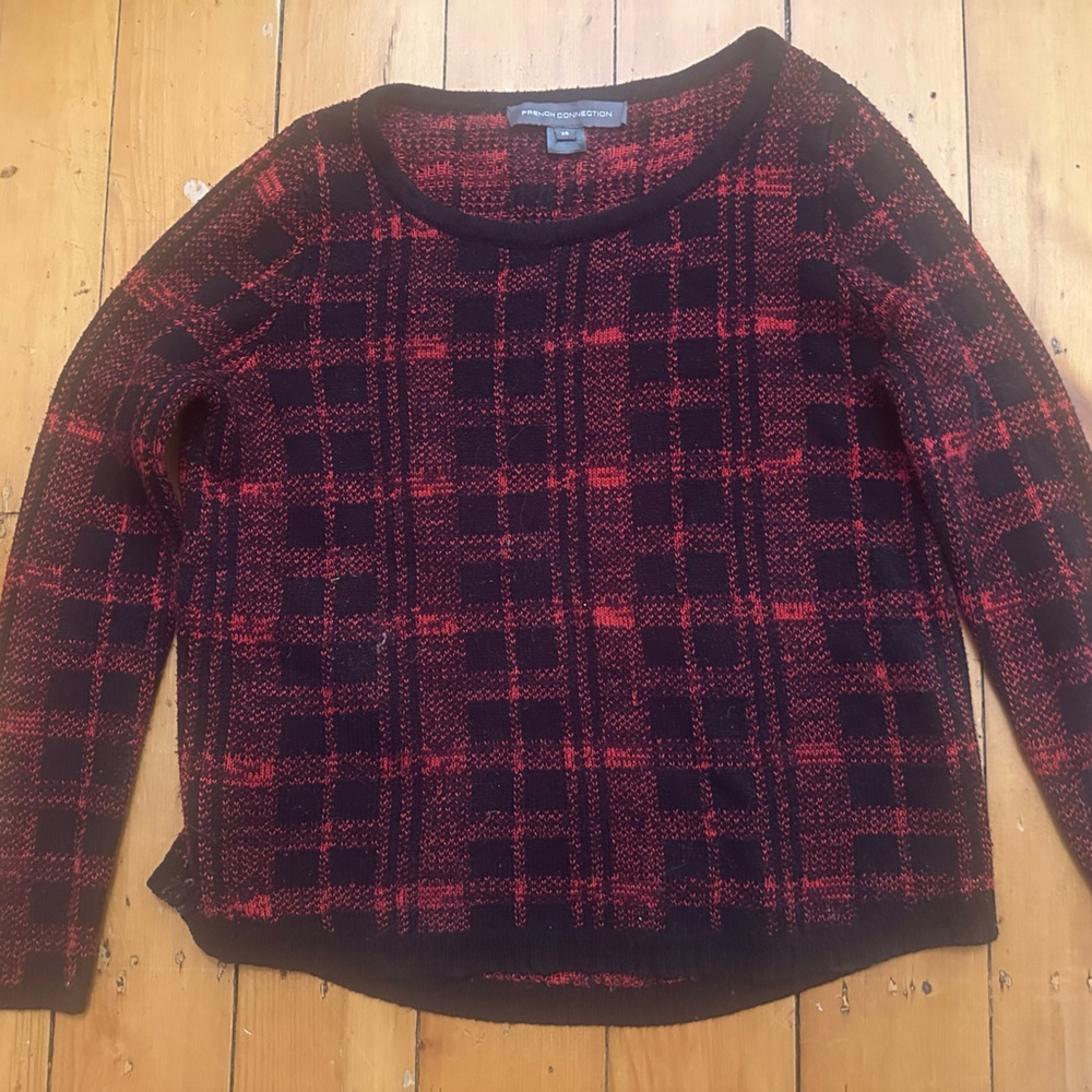 French Connection Red and Black Checkered Crewneck Sweater